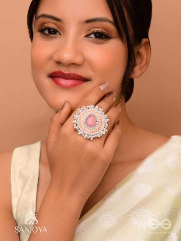 Anushayin- The Budding Faith- Stone, Beads And Sequins Hand  Embroidered Stud Ring