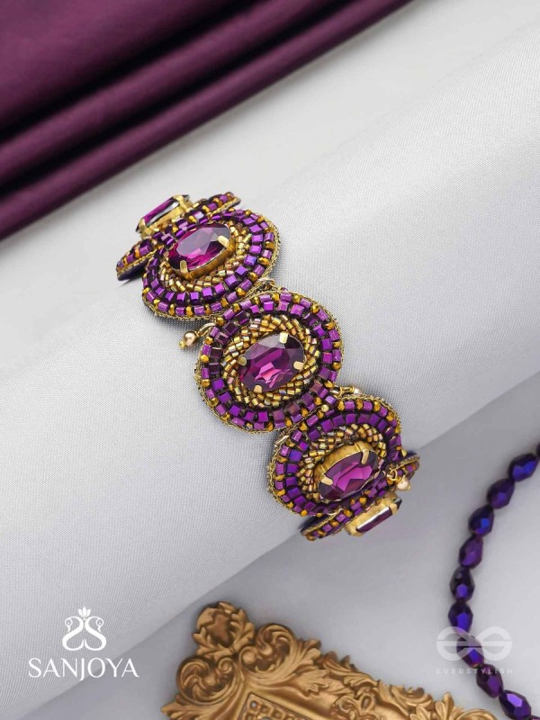 Ruksavarna - The Lustrous Amethyst - Stone, Beads And Cut Dana Hand Embroidered Cuff Bracelet