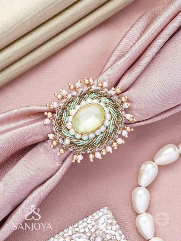 Dyutaka - The Enchanted Forest - Stone And Beads Hand Embroidered Ring (Adjustable)