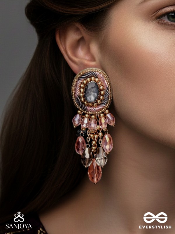 Ahraya - The Pink Fog - Stone, Beads And Glass Drop Hand Embroidered Earrings