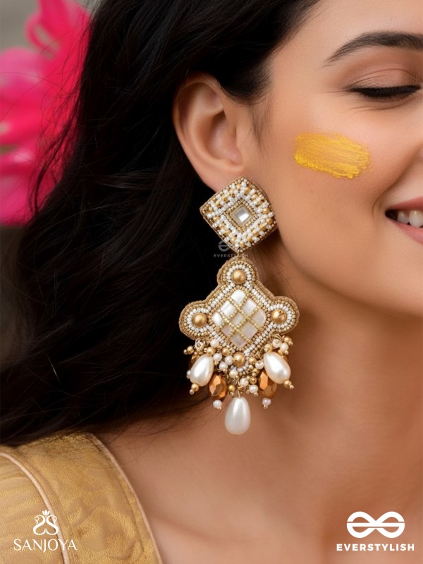 Kosavasin - Golden Sands Delight -Beads And Glass Drops Hand Embroidered Earrings