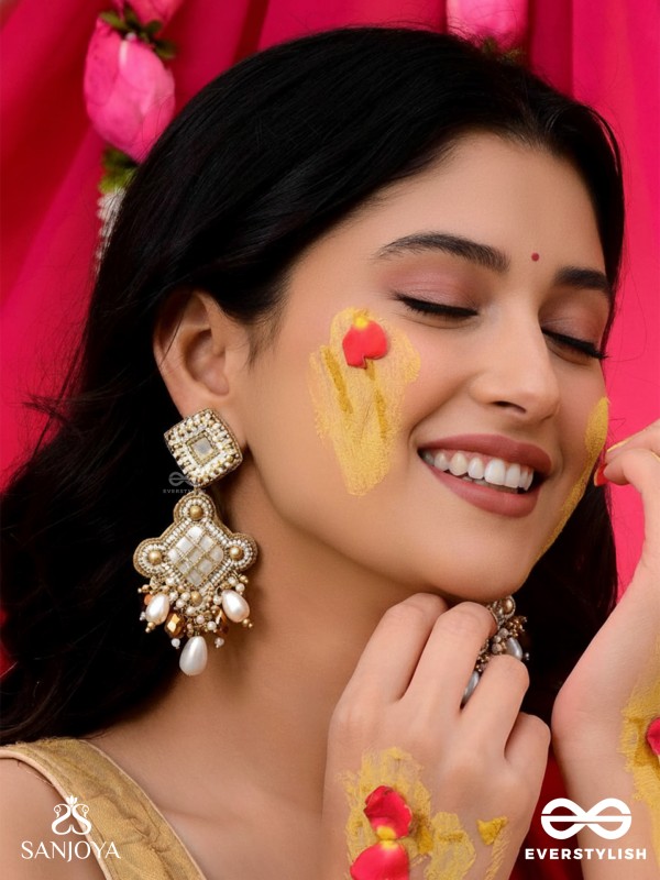 Kosavasin - Golden Sands Delight -Beads And Glass Drops Hand Embroidered Earrings