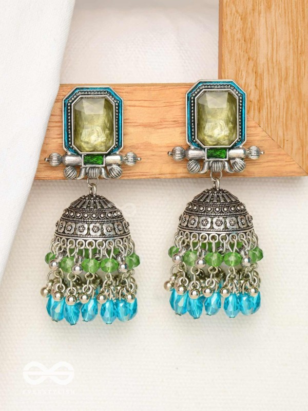 The Aqua Enchantments - Statement Embellished And Enamelled Oxidised Jhumka Earrings