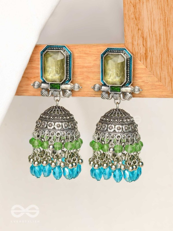 The Aqua Enchantments - Statement Embellished And Enamelled Oxidised Jhumka Earrings