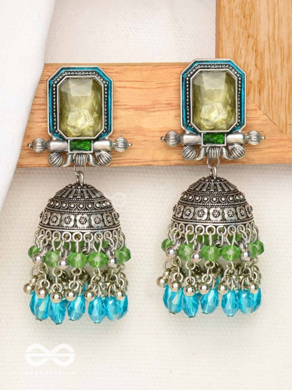 The Aqua Enchantments - Statement Embellished And Enamelled Oxidised Jhumka Earrings