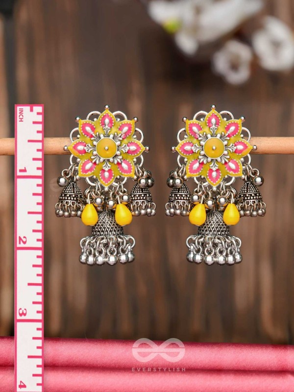 The Sunburst Bloom - Statement Enamelled Oxidised Jhumka Earrings