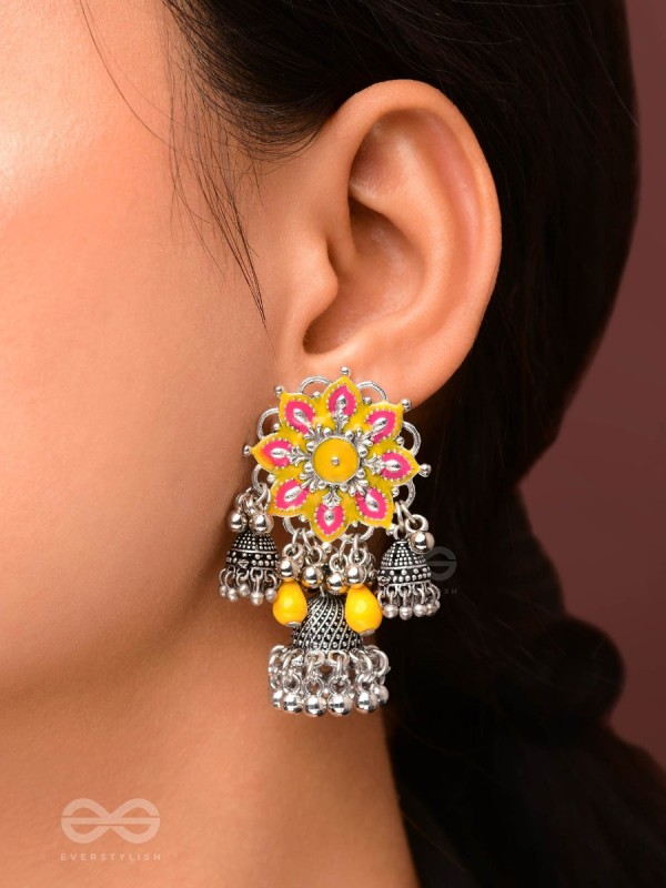 The Sunburst Bloom - Statement Enamelled Oxidised Jhumka Earrings