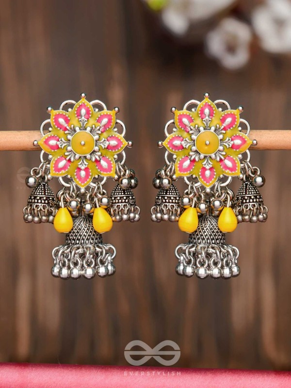 The Sunburst Bloom - Statement Enamelled Oxidised Jhumka Earrings