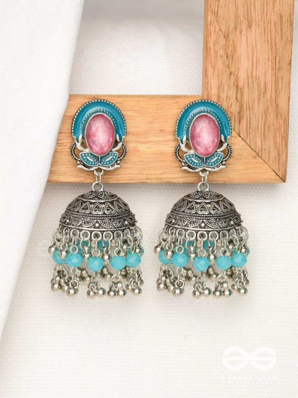 The Blushing Clouds - Statement Embellished And Enamelled Oxidised Jhumka Earrings