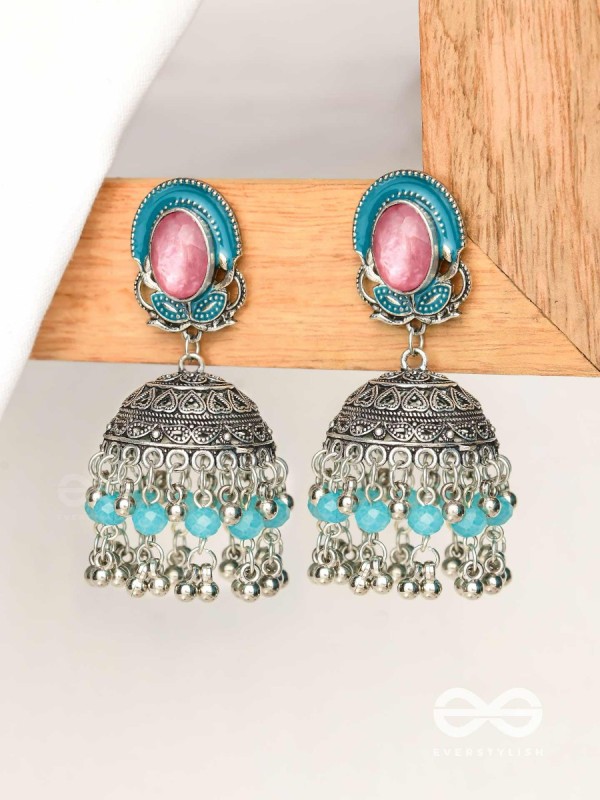The Blushing Clouds - Statement Embellished And Enamelled Oxidised Jhumka Earrings