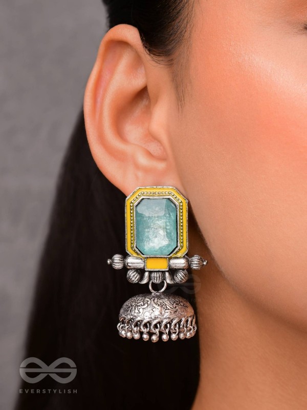 The Sunny Breeze - Embellished And Enamelled Oxidised Jhumka Earrings