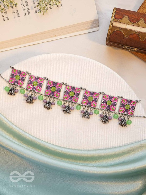 The Orchid Hues - Enamelled Oxidised Neckpiece