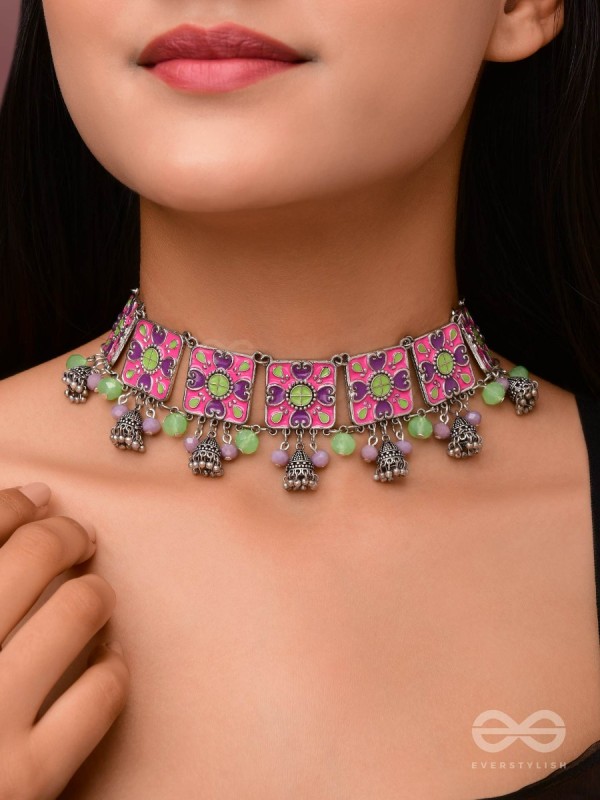 The Orchid Hues - Enamelled Oxidised Neckpiece