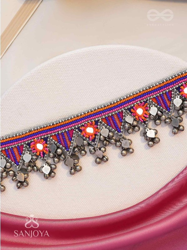 Sunarda - Amber Horizon - Mirror And Beads Hand Embroidered Oxidised Neckpiece