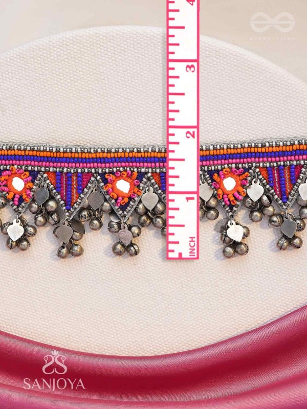 Sunarda - Amber Horizon - Mirror And Beads Hand Embroidered Oxidised Neckpiece