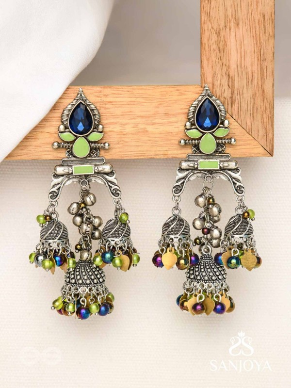 The Peacock Hues - Stone And Beads Enamelled Oxidised Earrings
