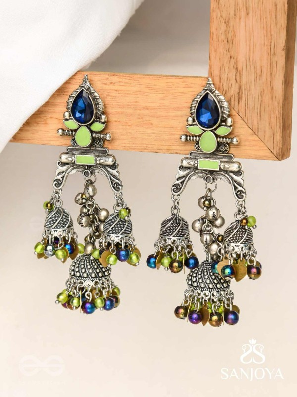 The Peacock Hues - Stone And Beads Enamelled Oxidised Earrings