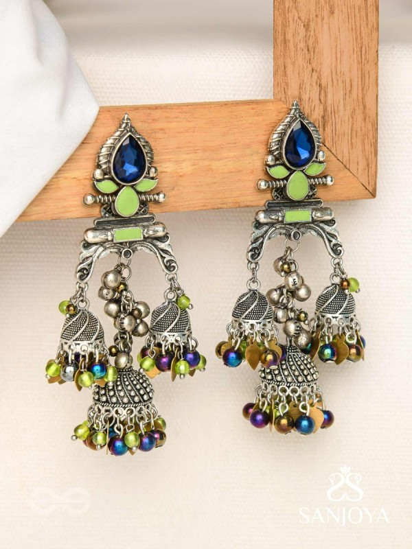 The Peacock Hues - Stone And Beads Enamelled Oxidised Earrings