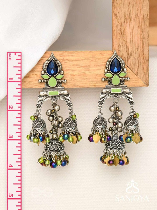 The Peacock Hues - Stone And Beads Enamelled Oxidised Earrings