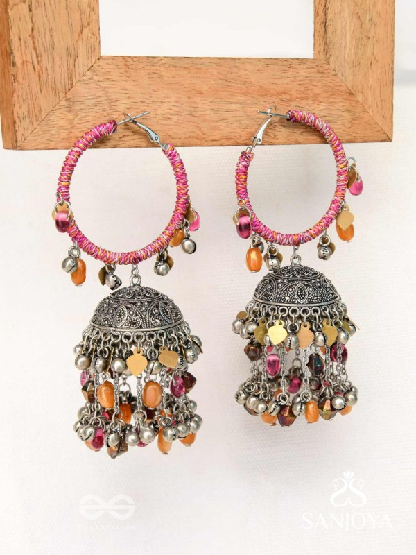 Stotavya - The Mira Chants- Beads, Resham And Glass Drops Oxidised Jhumka Earrings
