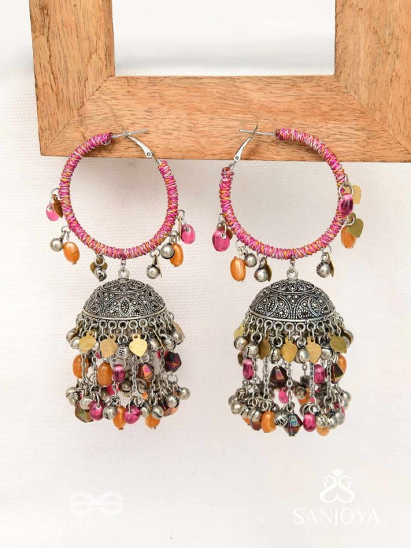 Stotavya - The Mira Chants- Beads, Resham And Glass Drops Oxidised Jhumka Earrings