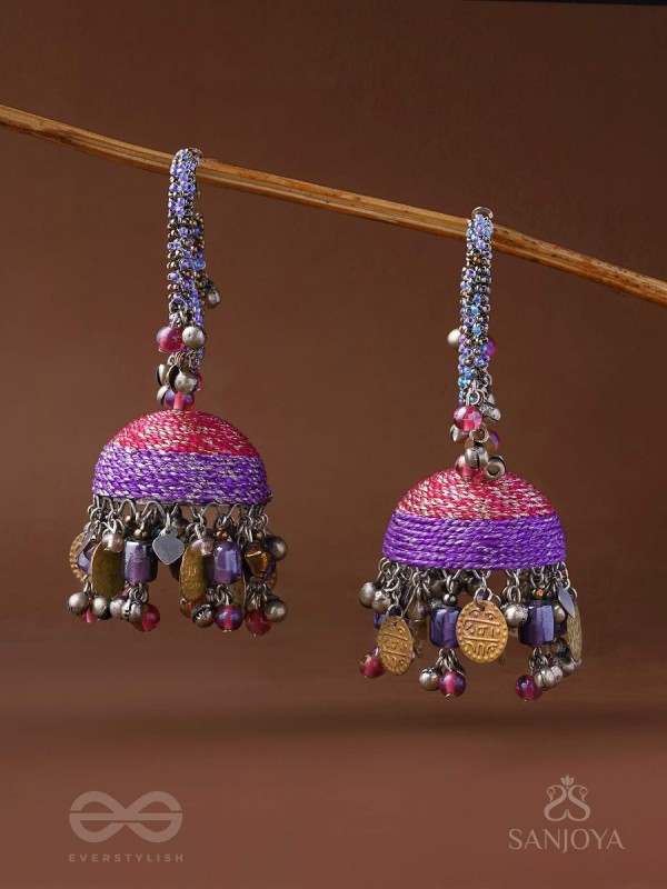 Dvibhat - The Twilight Tinkles - Resham, Coins And Beads Hand Embroidered Oxidised Jhumka Earrings