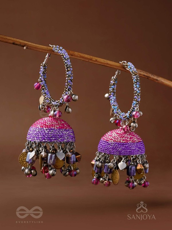 Dvibhat - The Twilight Tinkles - Resham, Coins And Beads Hand Embroidered Oxidised Jhumka Earrings