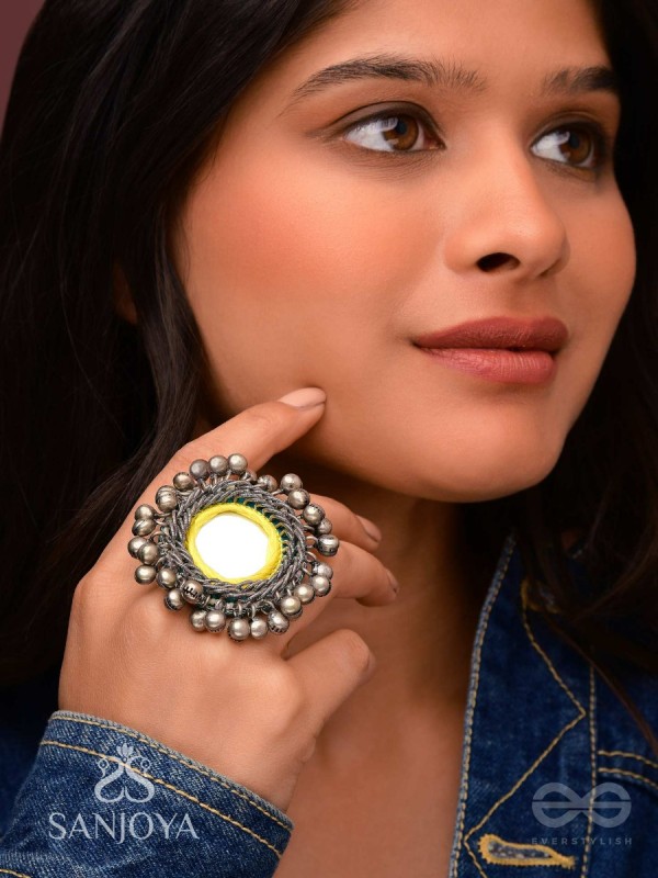 Patangah - Music Of Sunshine - Mirror, Resham And Beads Hand Embroidered Oxidised Ring
