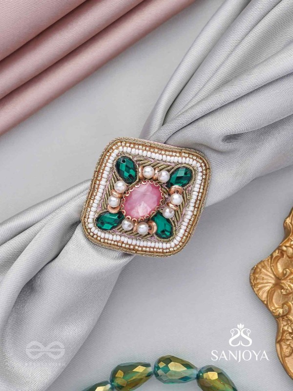 Naimisa - Blooms In Forest - Stones, Beads And Dabka Hand Embroidered Ring (Adjustable)