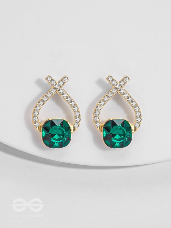 Emerald Mirage - Golden Embellished Earrings