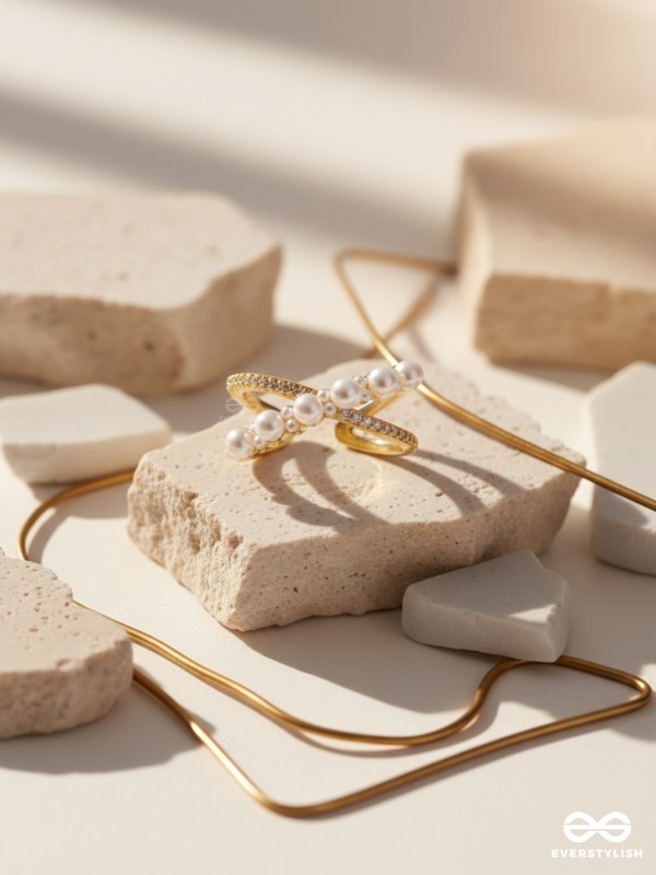 Crisscrossed Pearls - Golden Embellished Ring 