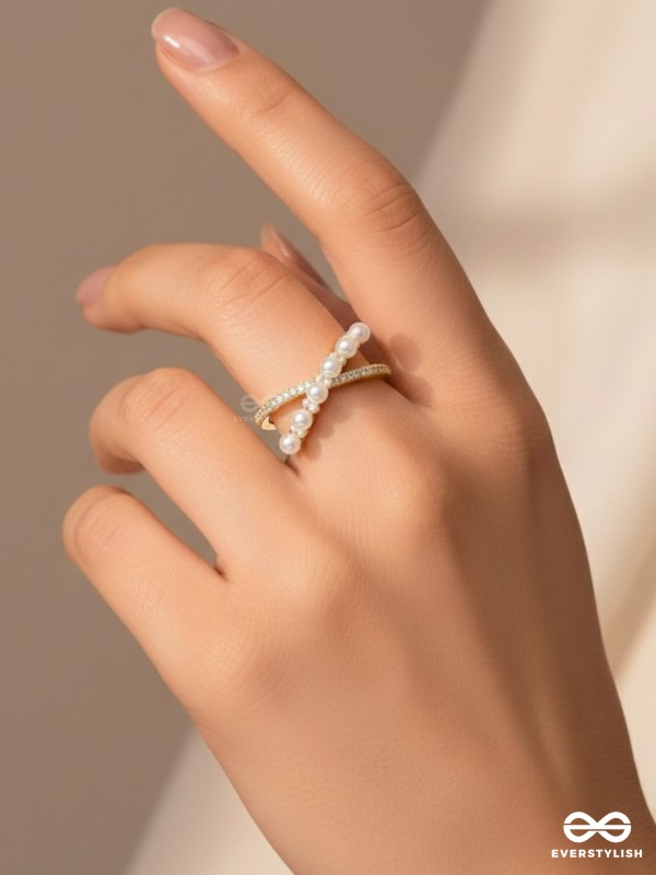 Crisscrossed Pearls - Golden Embellished Ring 