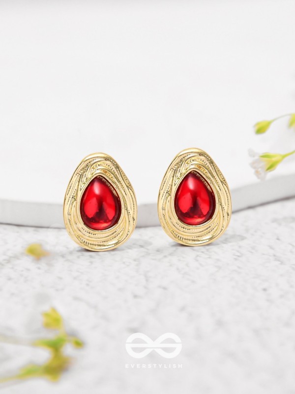 Cherry Drop - Golden And Red Stud Earrings