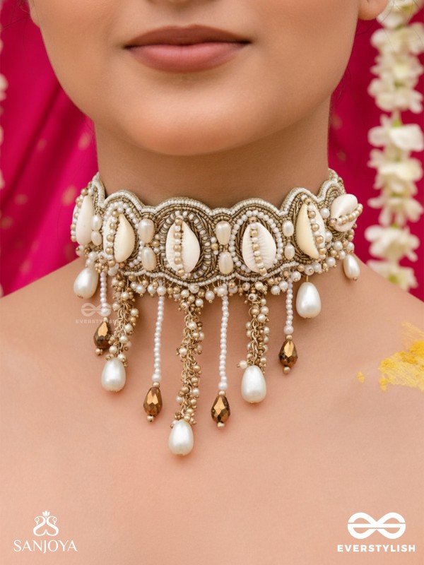 Abdhimanduki - The Pearl Lagoon- Shells, Beads, Pearl And Glass Drops Hand Embroidered Neckpiece