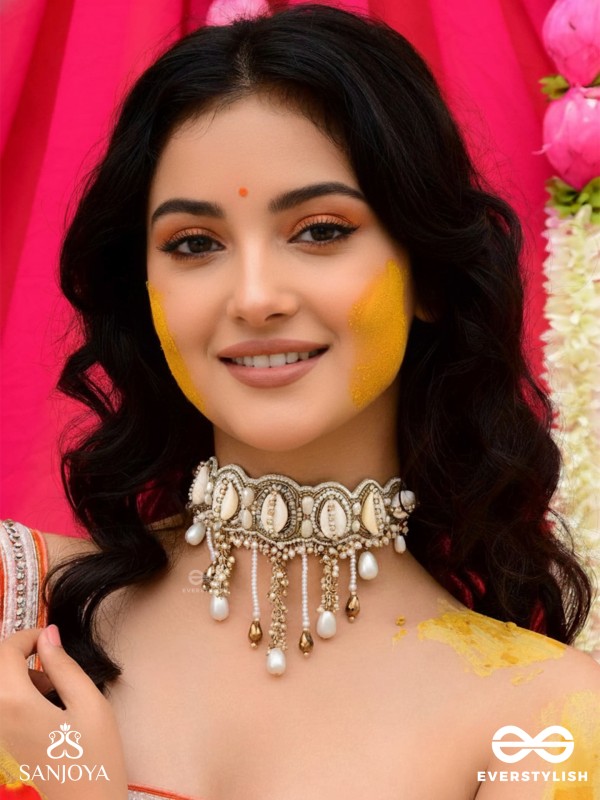 Abdhimanduki - The Pearl Lagoon- Shells, Beads, Pearl And Glass Drops Hand Embroidered Neckpiece