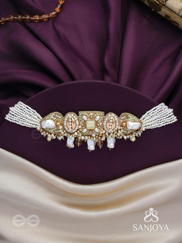 Himahati- The First Snow- Shells, Beads And Glass Drops Hand Embroidered Choker Neckpiece