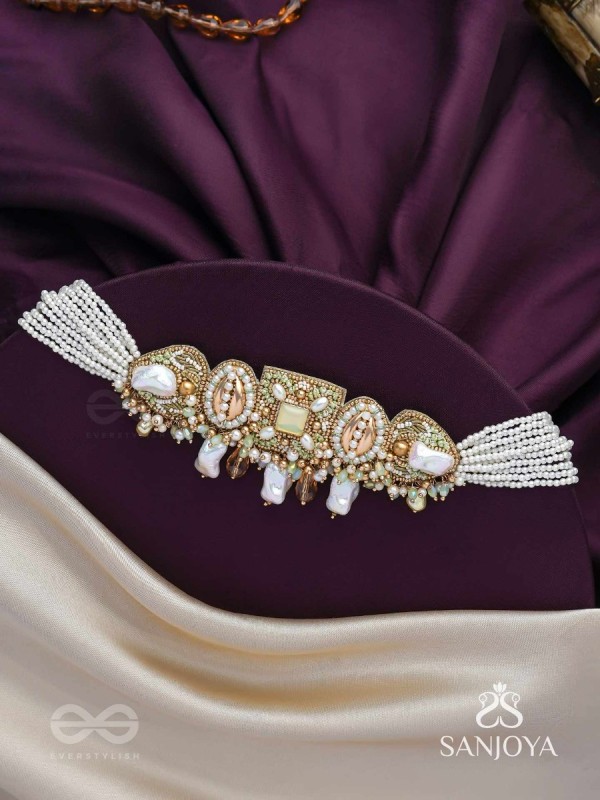 Himahati- The First Snow- Shells, Beads And Glass Drops Hand Embroidered Choker Neckpiece