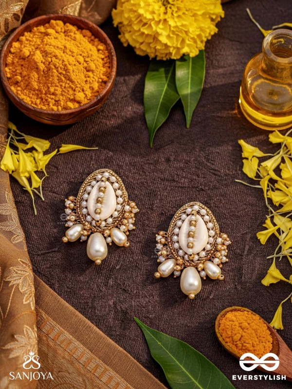 Dinara - The Shell Shoreline - Beads, Shells And Pearl Drops Hand Embroidered Earrings