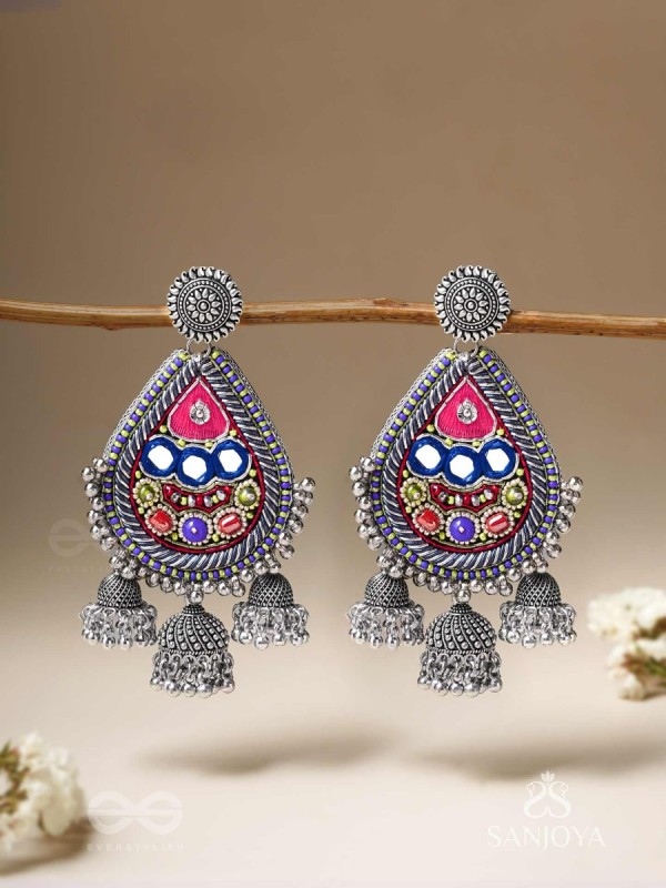 Kalatra- The Royal Citadel- Mirror, Resham And Beads Hand Embroidered Oxidised Earrings