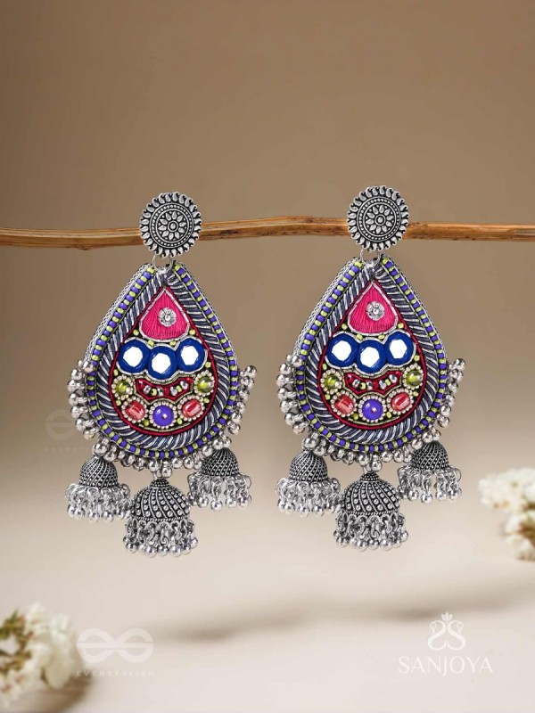 Kalatra- The Royal Citadel- Mirror, Resham And Beads Hand Embroidered Oxidised Earrings
