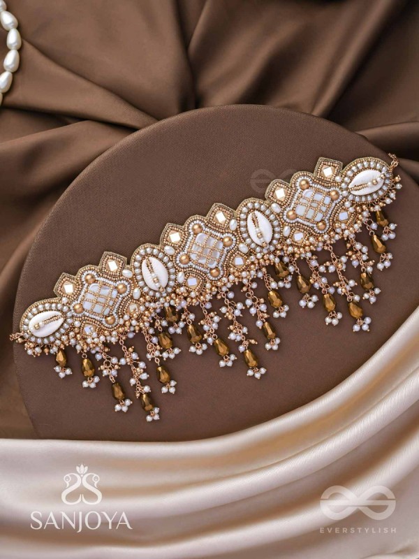 Bhadrashochi- The Shimmering Shower- Shells, Beads, Mirror And Glass Drops Hand Embroidered Choker Neckpiece