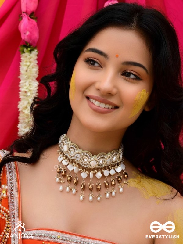 Devasattra- The Festive Downpour- Mirrors, Beads, Pearl And Glass Drops Hand Embroidered Choker Neckpiece