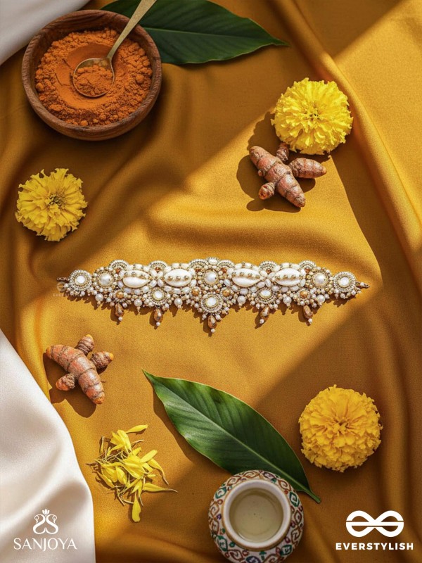 Alingana- The Chaste Embrace- Shells, Beads And Glass Drops Hand Embroidered Choker Neckpiece