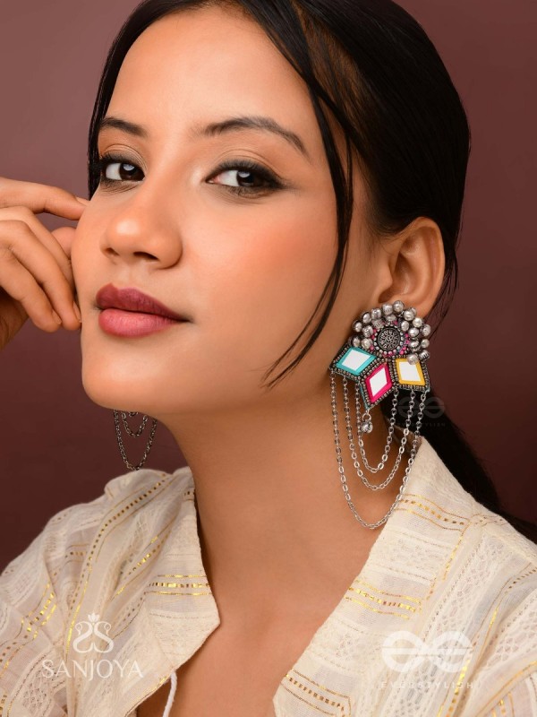 Taruna - The Vivid Landscapes - Mirrors, Resham And Beads Hand Embroidered Oxidised Earrings