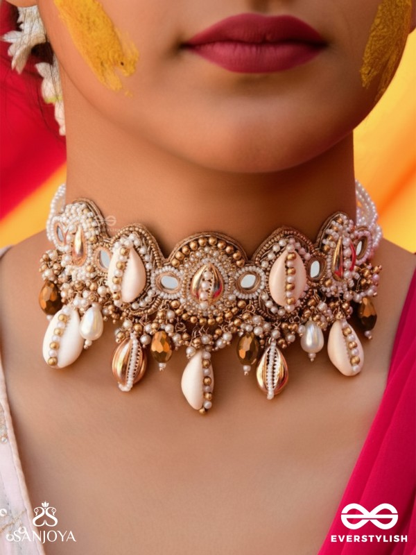 Velakula- The Coastline Stories- Shells, Beads, Pearl And Glass Drops Hand Embroidered Choker Neckpiece