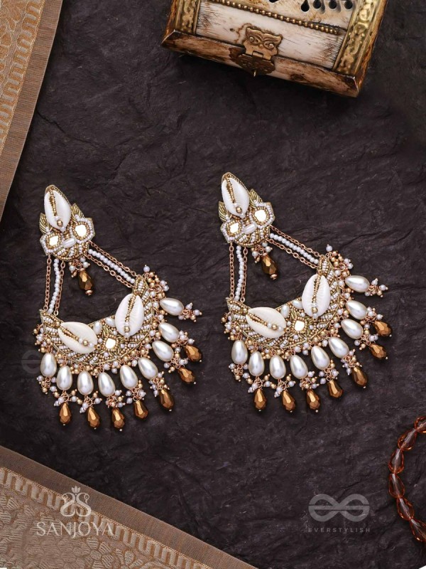 Artharasi- The Shimmering Wealth- Shells, Beads, Pearl And Glass Drops Hand Embroidered Earrings
