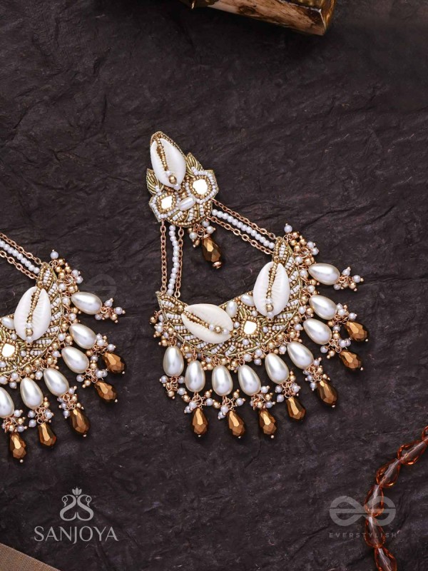 Artharasi- The Shimmering Wealth- Shells, Beads, Pearl And Glass Drops Hand Embroidered Earrings