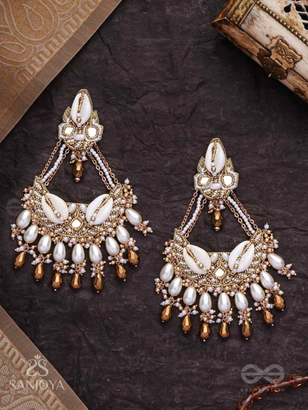 Artharasi- The Shimmering Wealth- Shells, Beads, Pearl And Glass Drops Hand Embroidered Earrings