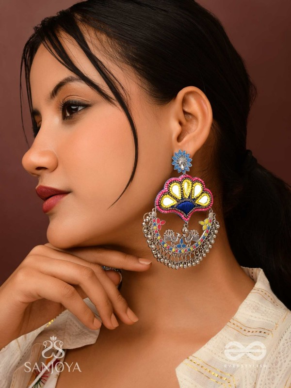 Sadhrit- The Peacock Romance- Resham And Beads Hand Embroidered Oxidised Earrings