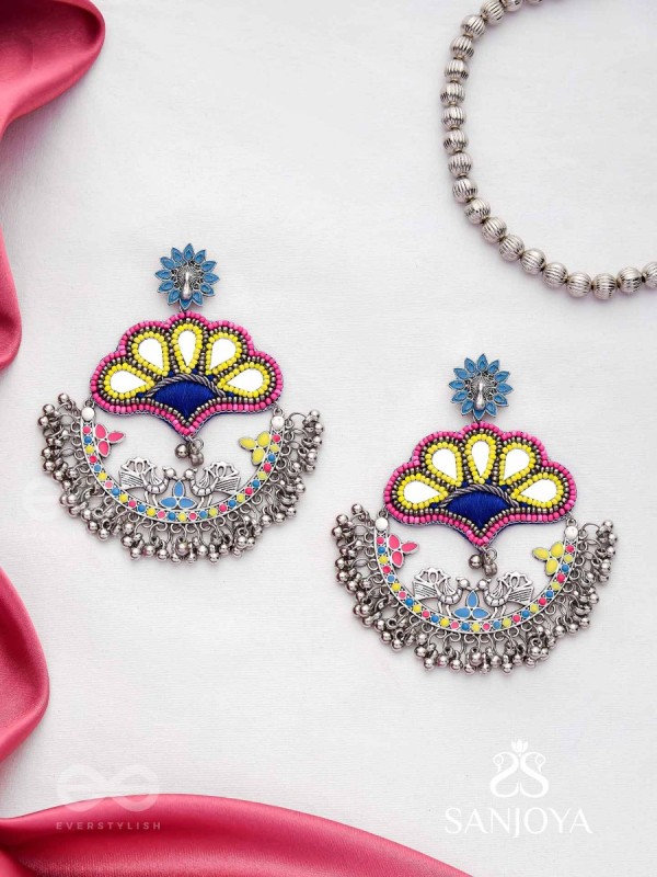 Sadhrit- The Peacock Romance- Resham And Beads Hand Embroidered Oxidised Earrings